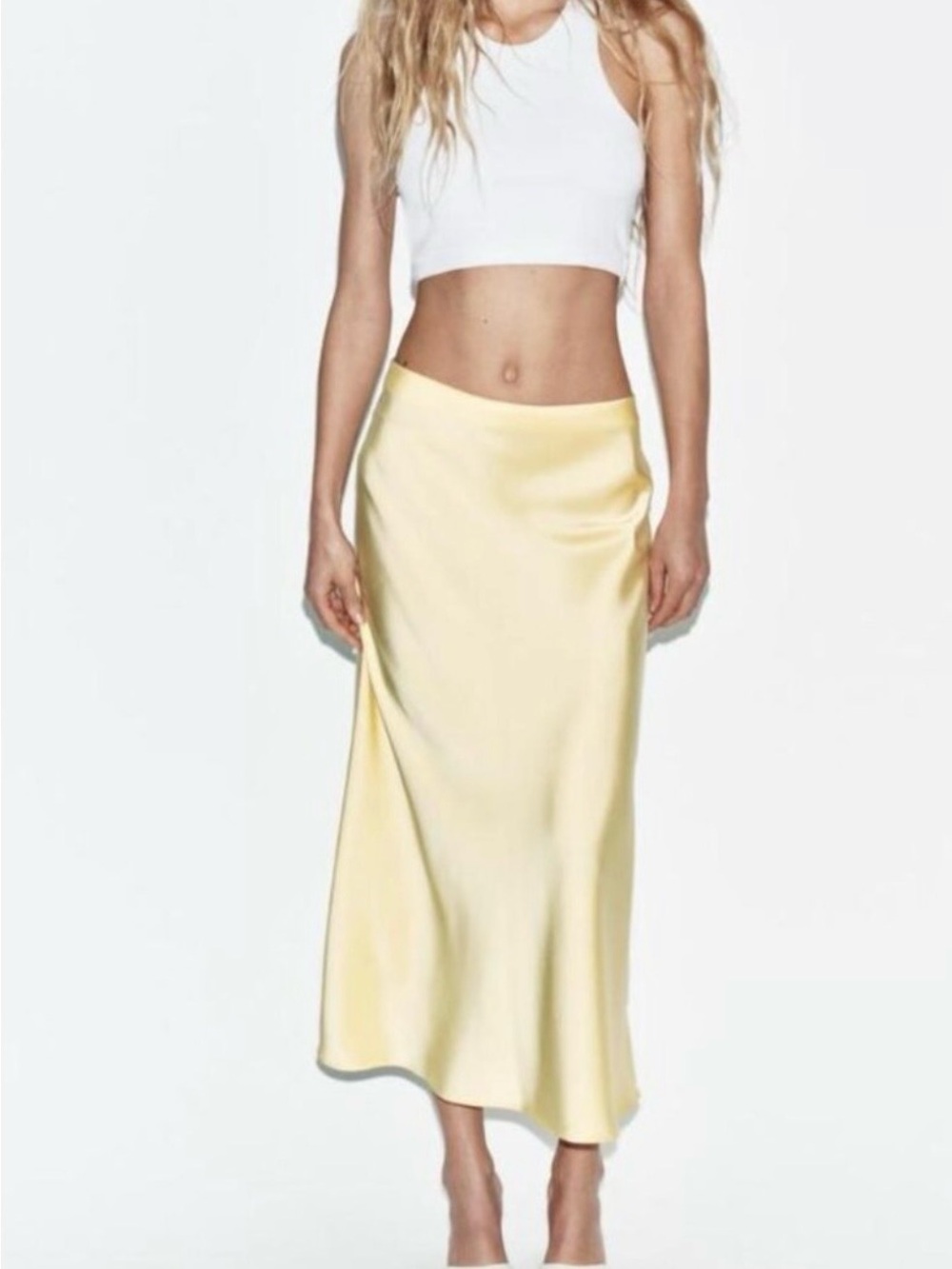 Zara Satin midi skirt in butter Yellow